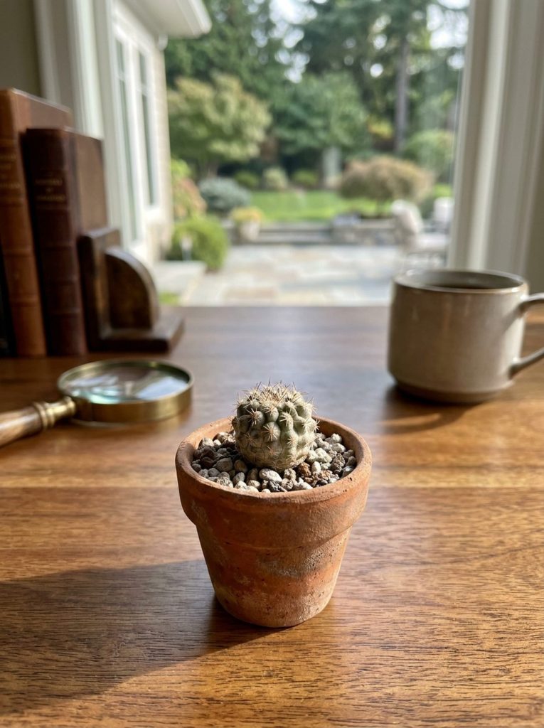 A tiny, rare marble canyon cactus in a small terracotta pot sits on a wooden desk, with a magnifying glass, stack of books, and a window view of a garden in the background.