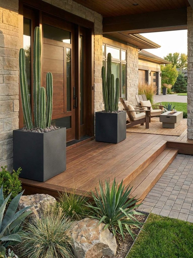 Two tall mexican fence post cacti in dark square fiberglass planters flanking a modern wooden front door, creating a luxury hotel aesthetic for the home's entrance.
