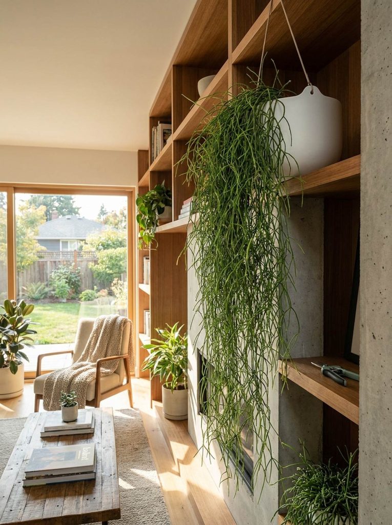 A dense, cascading mistletoe cactus plant hangs in a sleek white planter on a wooden bookshelf, softening the modern lines of a living room with large windows and natural light.