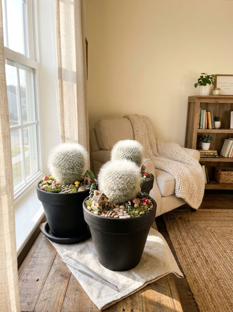 A whimsical windowsill arrangement featuring three fuzzy old lady cactus plants potted in sleek black containers, decorated with miniature fairy garden accessories like tiny houses, moss, and pebbles. The display is placed near a sunlit window, creating a cozy and charming scene.