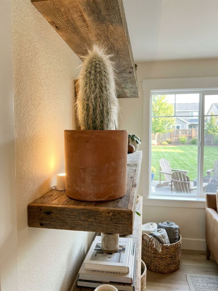 An old man cactus with long white hair in a terracotta pot on a rustic wooden shelf, with a small LED light casting a warm glow beside it. The background shows a brightly lit living room window overlooking a green backyard with lawn chairs.