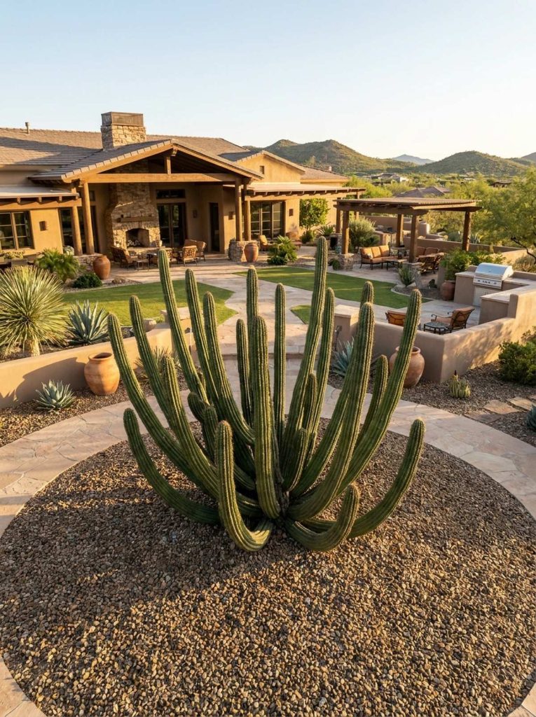 A majestic organ pipe cactus stands as a focal point in a spacious desert courtyard with a large, modern house in the background, featuring a stone fireplace, patio, and mountainous landscape.