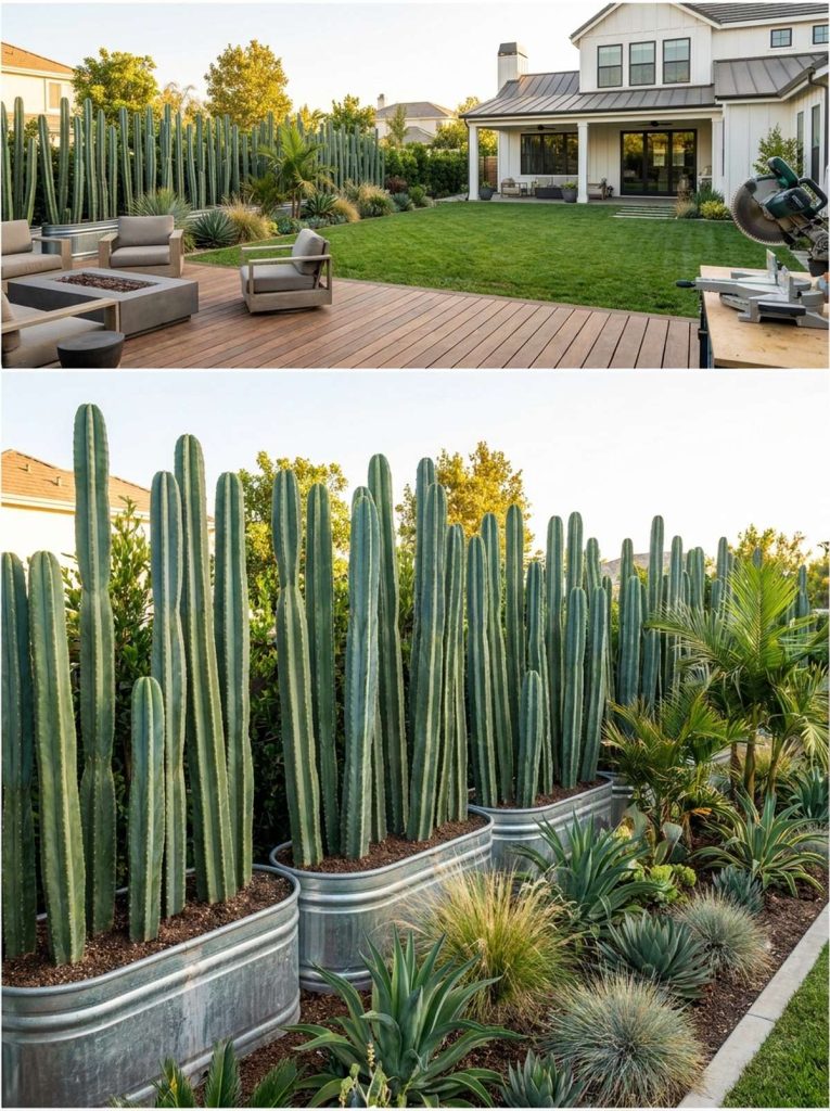 A modern backyard privacy screen created with a row of tall Peruvian apple cactus plants growing in galvanized trough planters, flanking a large lawn and wooden deck with outdoor furniture.