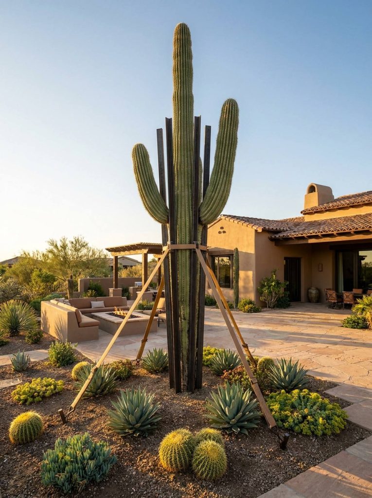 A large Saguaro cactus, supported by heavy-duty structural stakes, is the focal point of a beautifully landscaped arid garden in front of a Southwestern-style house. The garden features low-lying succulents and ornamental grasses, with a fire pit and seating area visible in the background.