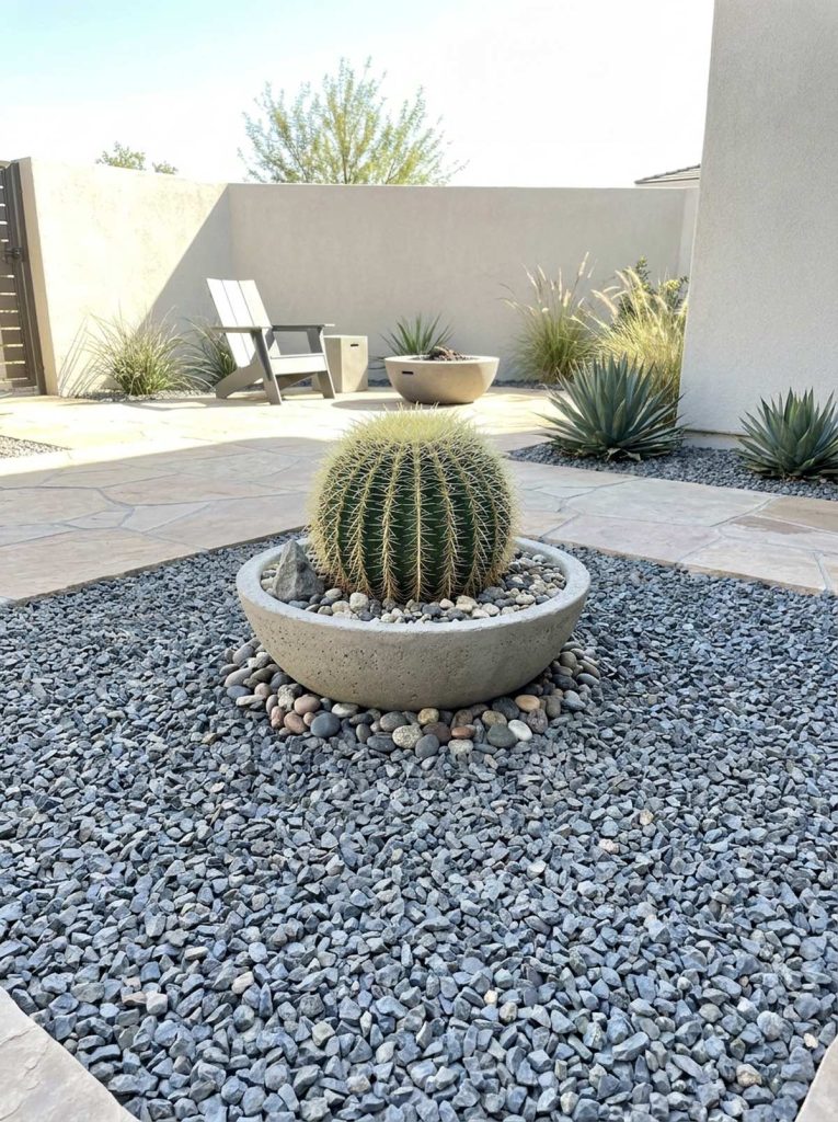 A spherical sea urchin cactus plant in a concrete bowl surrounded by grey gravel in a minimalist courtyard garden setting.