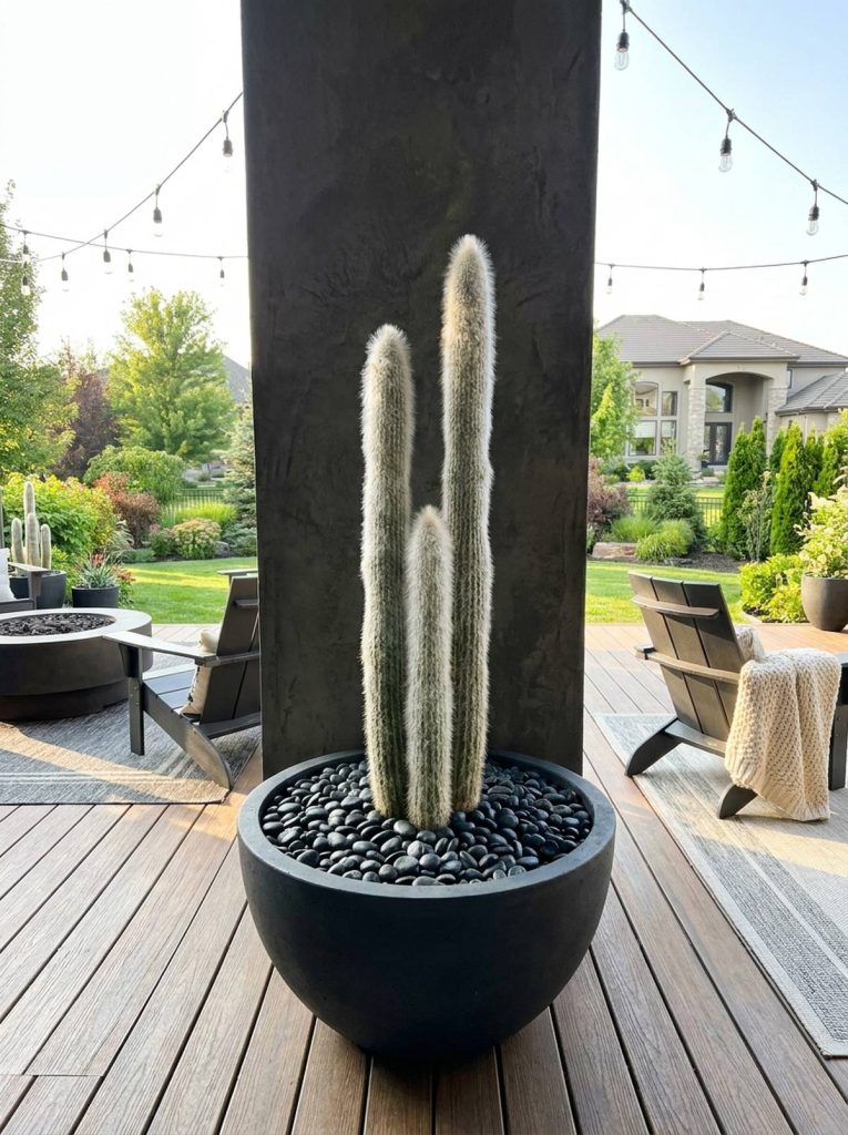 A cluster of three silver torch cactus plants in a dark charcoal planter filled with black river rocks, placed on a wooden deck. The cactus has a shimmering silver fuzz and glows against a dark textured wall, creating an ethereal modern contrast. In the background, an outdoor living space features chairs and string lights.