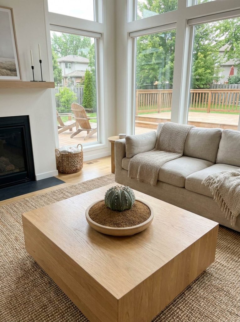 A minimalist coffee table with a small star cactus plant in a shallow bonsai pot filled with fine akadama soil, placed in a modern living room with large windows and wooden furniture.