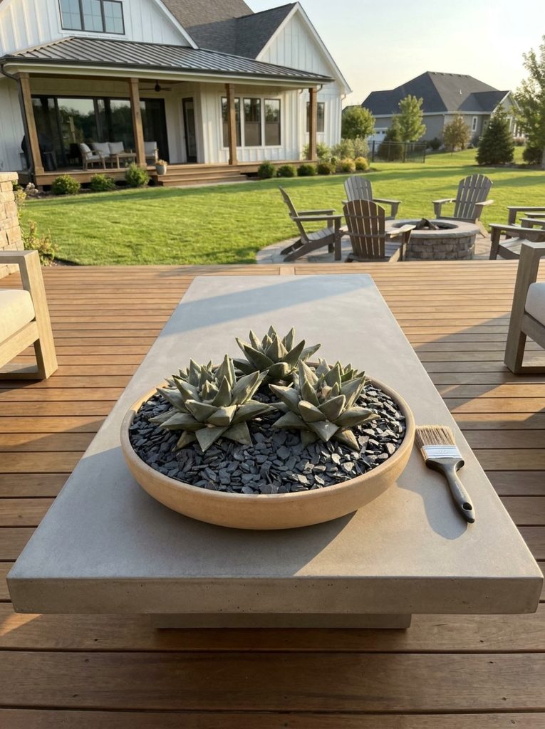A low-profile succulent arrangement of ariocarpus trigonus in a shallow bonsai dish on a modern patio table, with a brush to the side. The arrangement features sharp, star-like precision, is topped with slate chips, and is set against a backdrop of a lawn, outdoor seating, and a modern house.