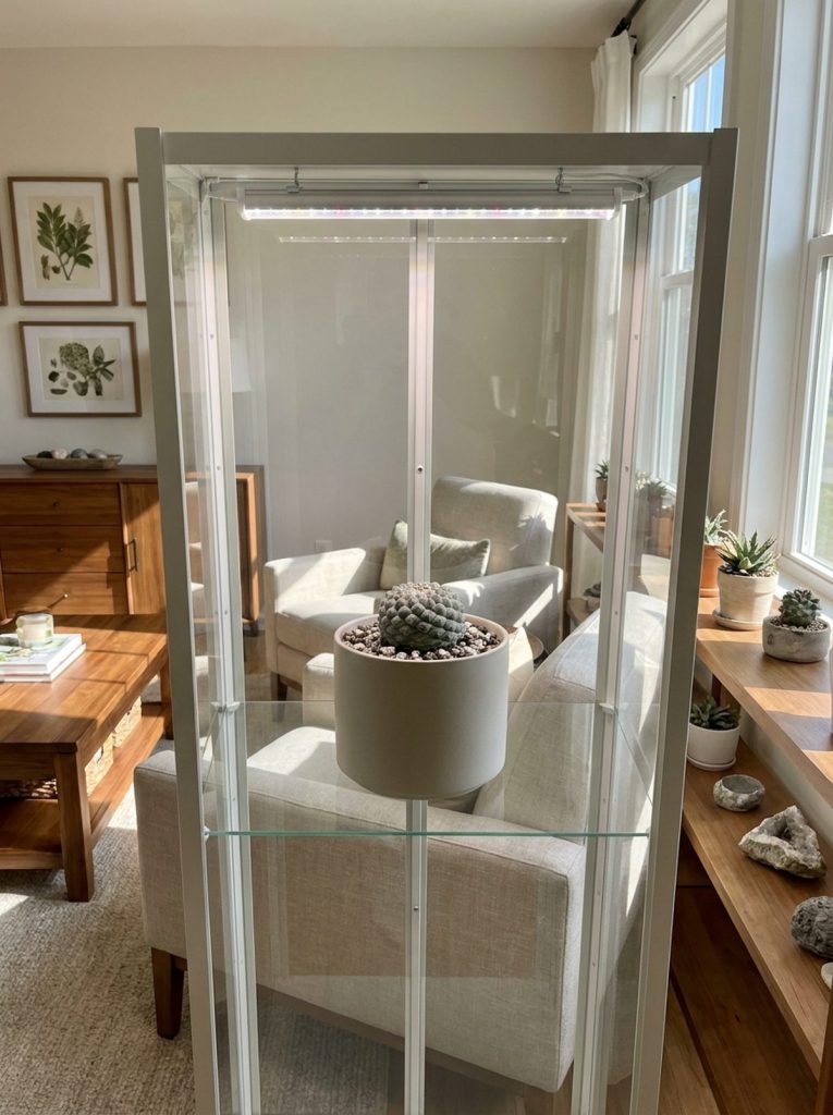 A single Strombocactus disciformis cactus in a modern ceramic pot, displayed prominently inside a glass-enclosed grow cabinet with integrated LED lighting. The cabinet is positioned in a sunlit room, with glimpses of furniture and windows in the background, showcasing the plant as a focal point.