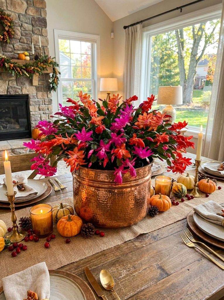 A vibrantly blooming Thanksgiving cactus in a hammered copper planter serves as a luxurious centerpiece on a rustic wooden dining table, adorned with mini pumpkins, candles, and pinecones, creating a festive holiday atmosphere.