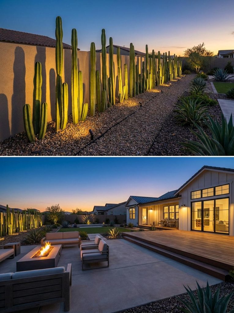 Line of tall, smooth totem pole cactus plants backlit by warm LED spotlights at dusk, creating dramatic shadows against a wall. The cacti are planted along a gravel pathway with heavy-duty landscape fabric, surrounding a modern desert contemporary luxury backyard with a fire pit, seating area, and wooden deck.
