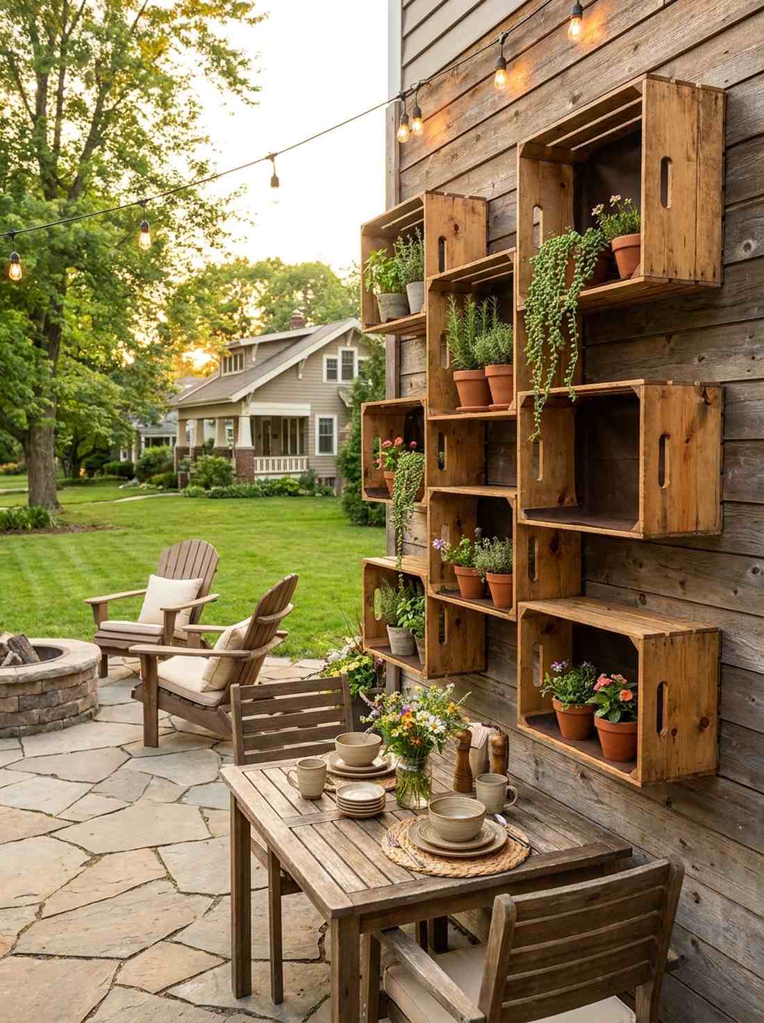 repurposed wooden crate shelving