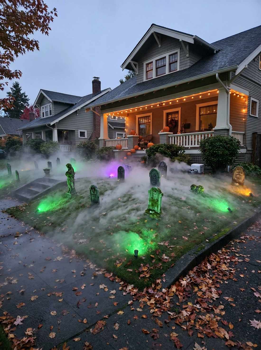 foggy cemetery with ground lights