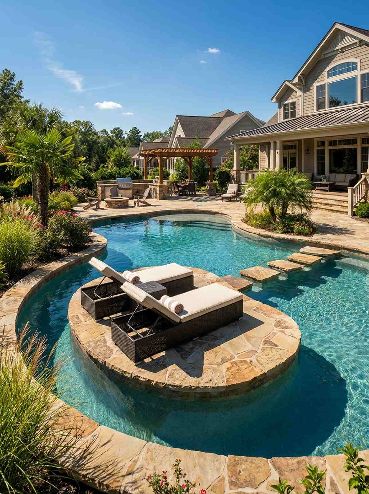 island tanning shelf in freeform pool