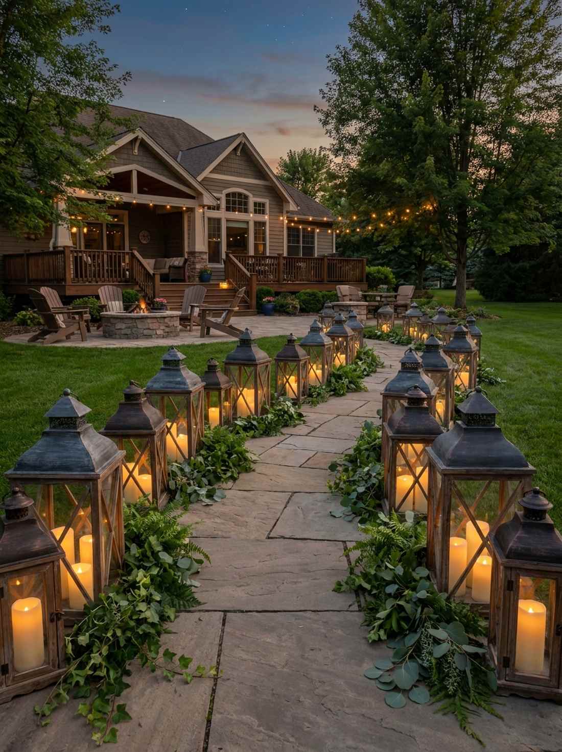 lantern lined aisle with greenery accents