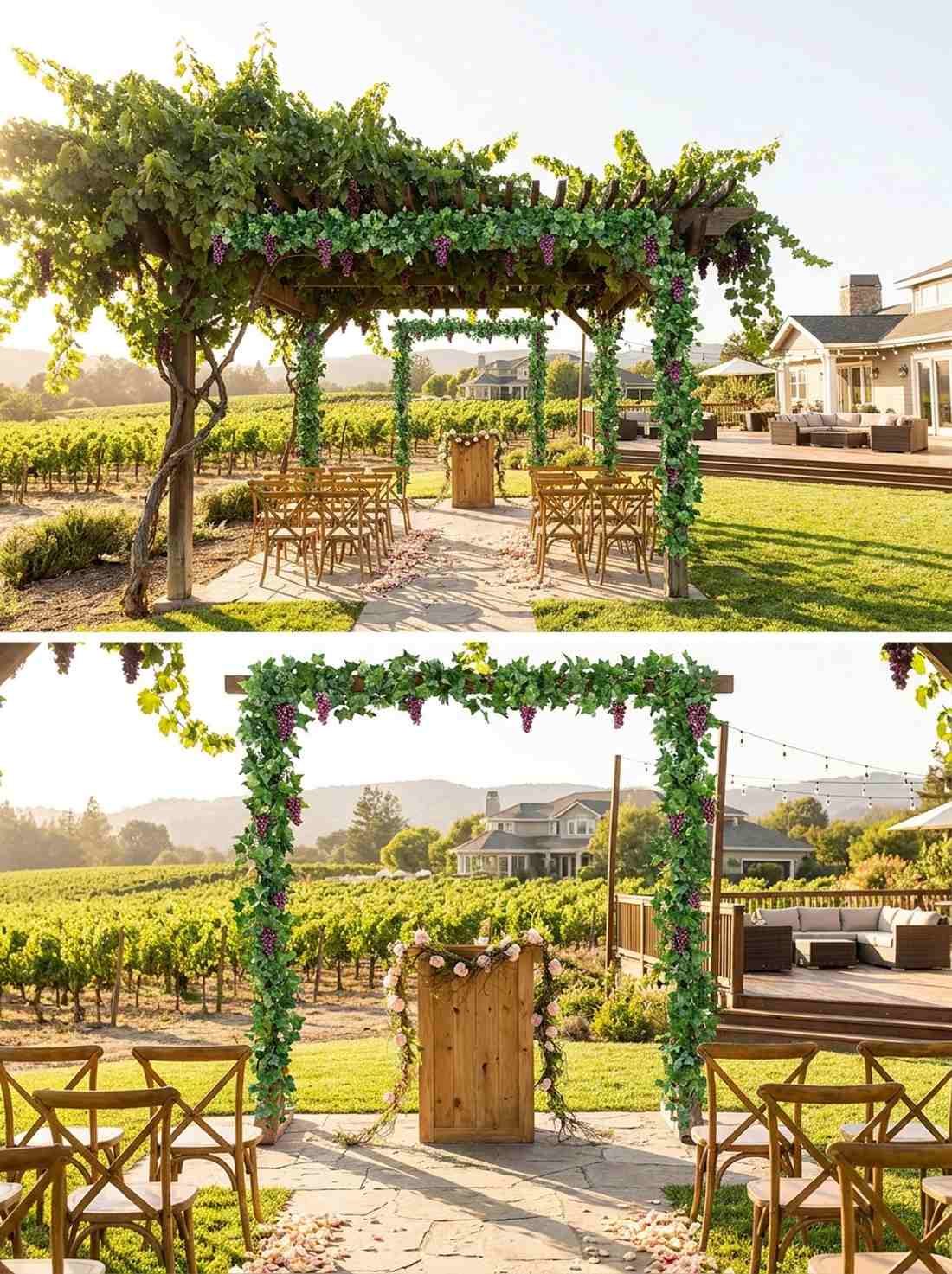 vineyard trellis with climbing vine integration