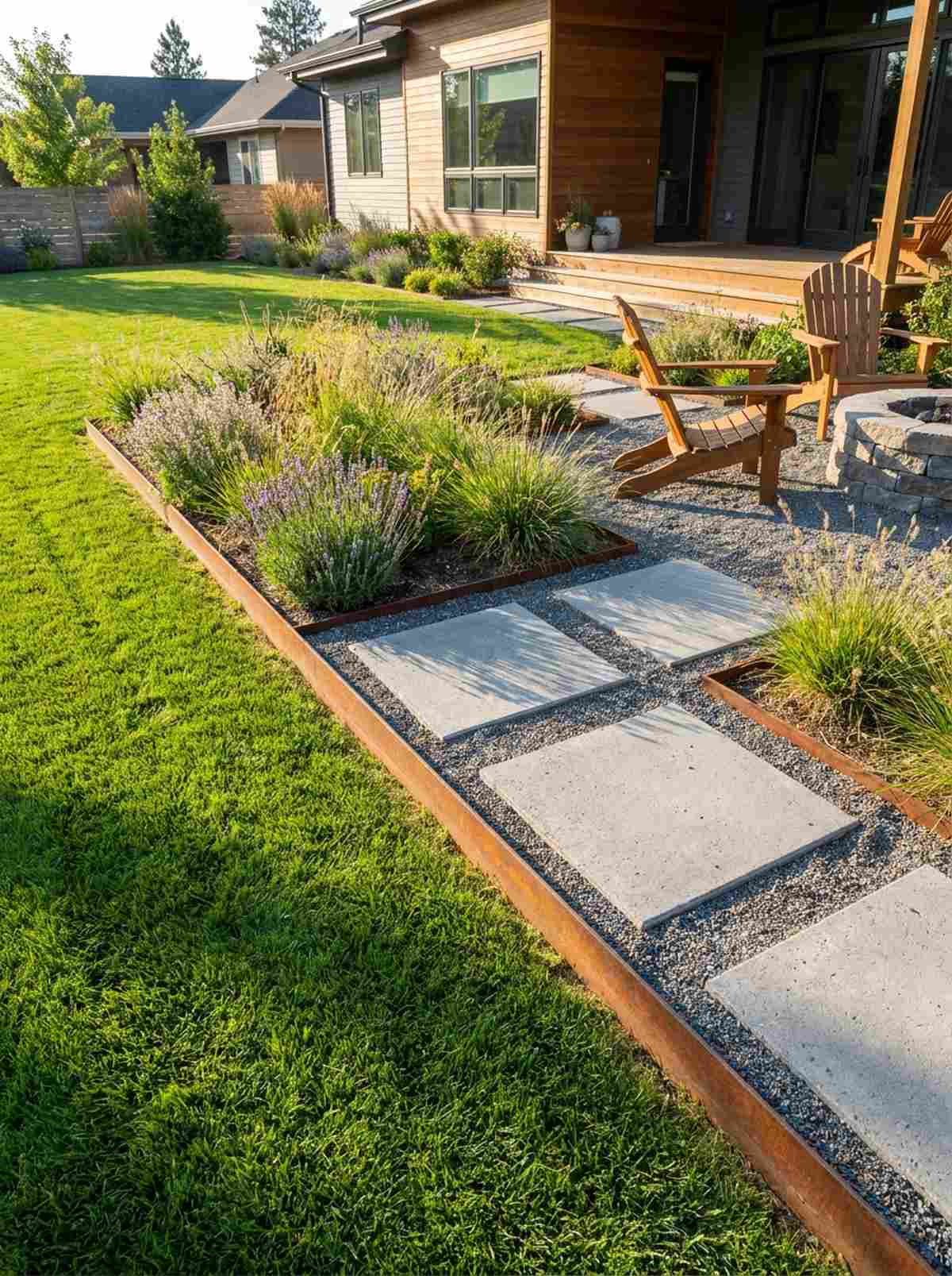 corten steel edging with decomposed granite and concrete pavers