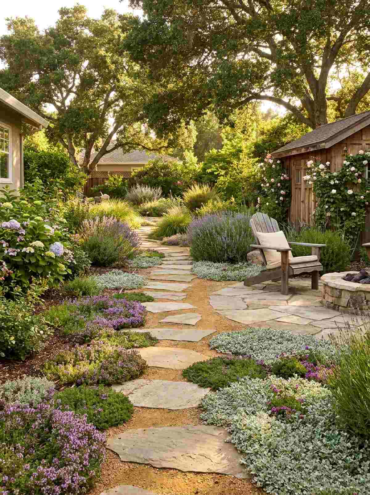 flagstone steppers with decomposed granite and ground cover