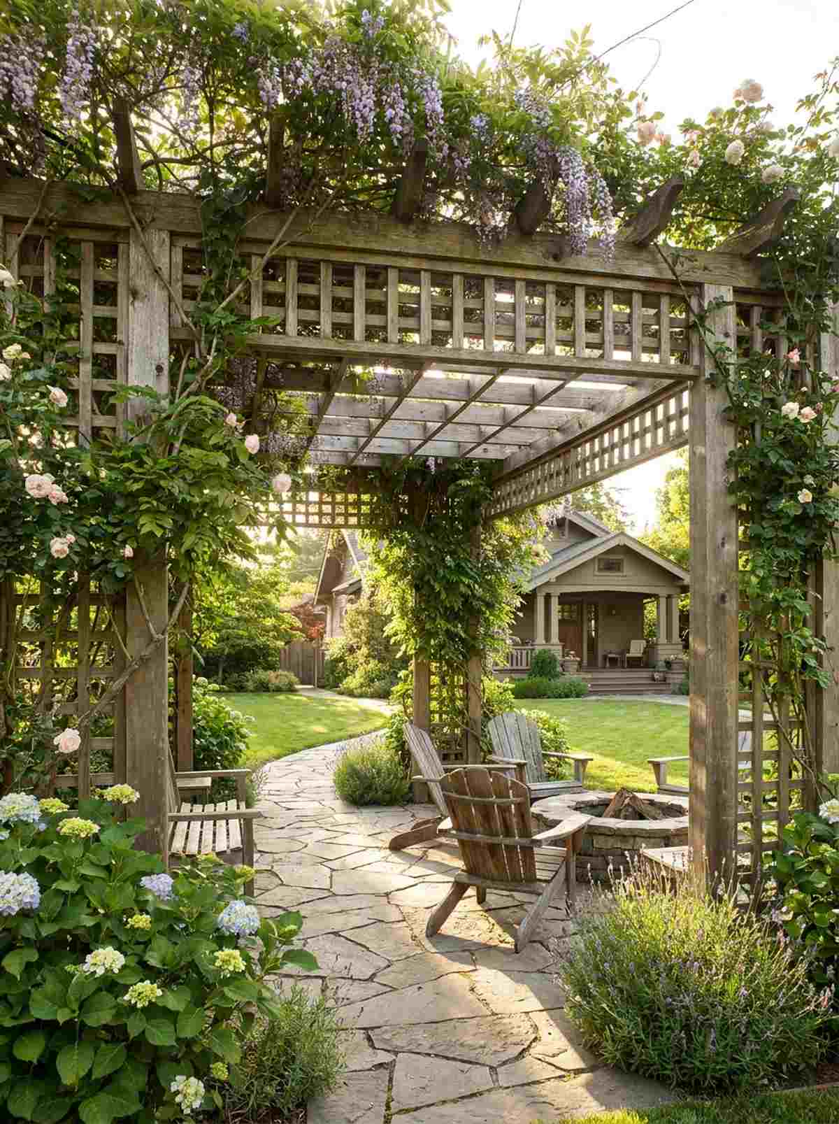 vine covered wood trellis pergola