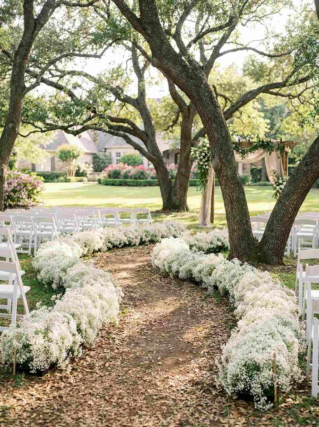 curved aisle lined with baby breath clusters