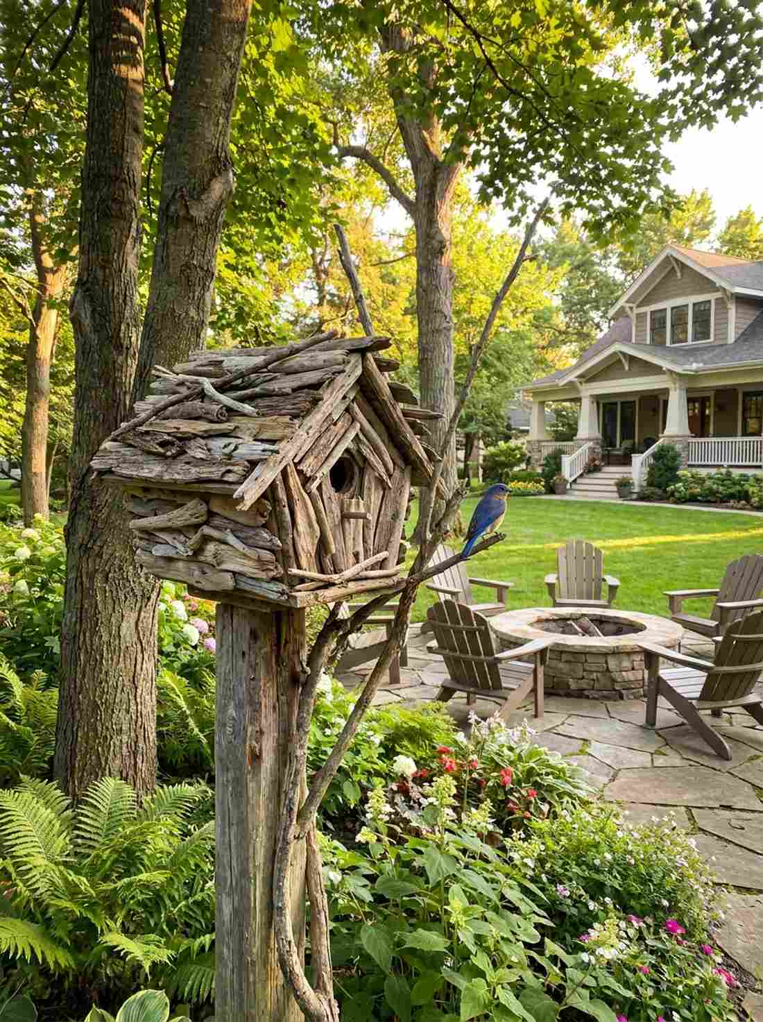driftwood birdhouse installation