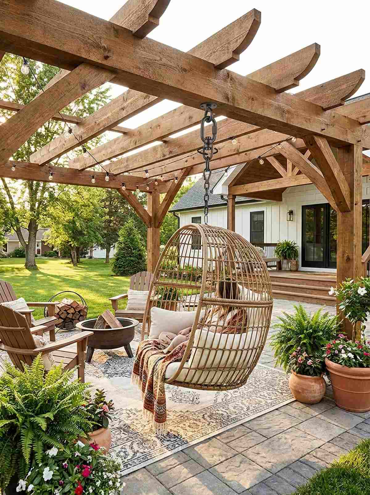 swing chair suspended from pergola