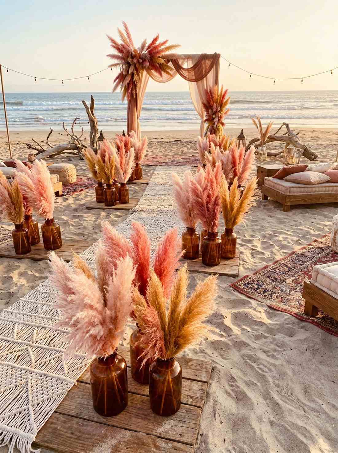 colorful pampas grass in tinted glass jars