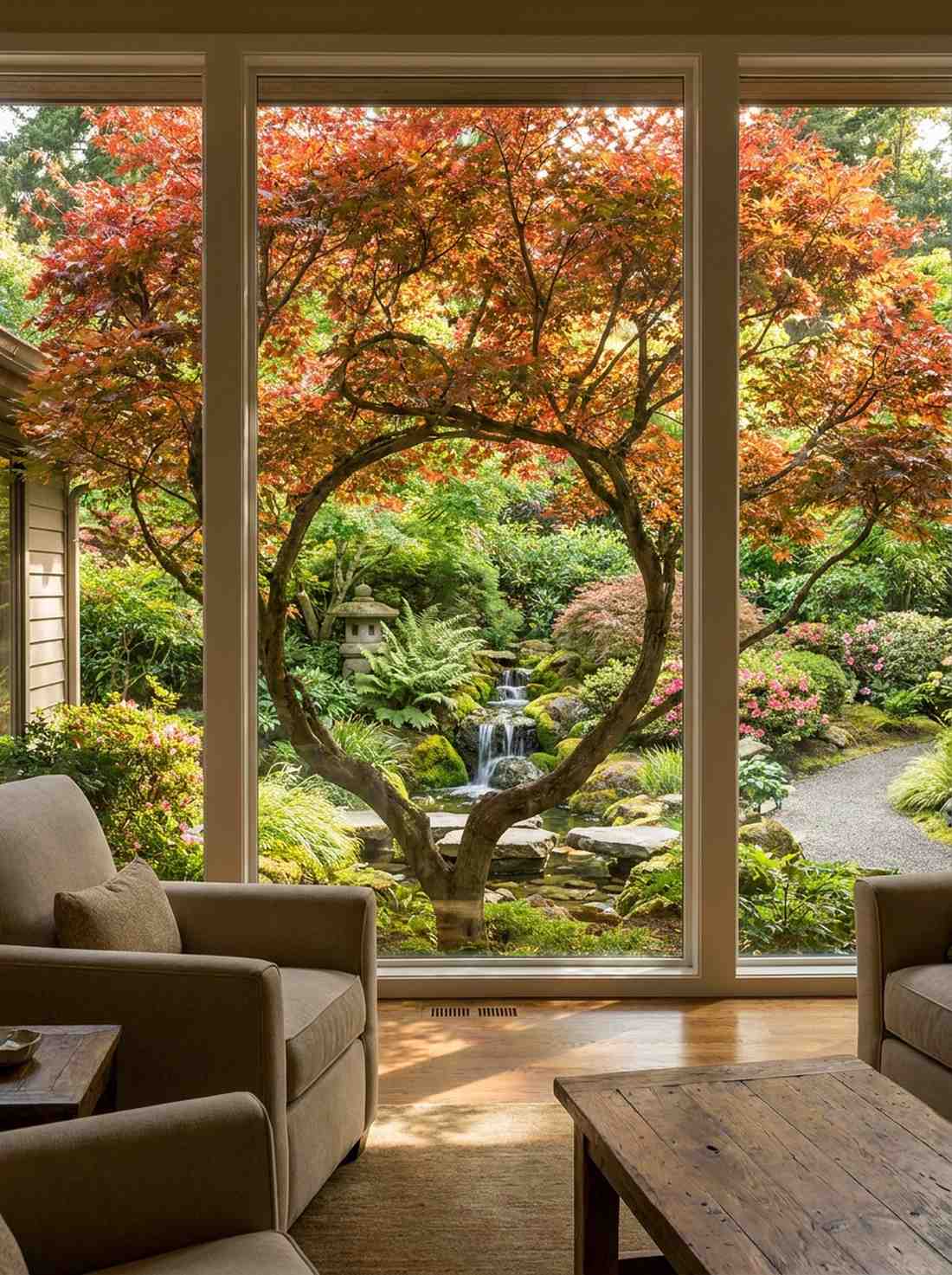 maple framing garden view