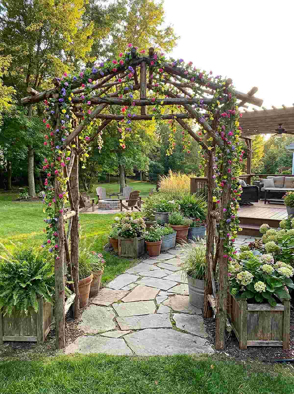 twig arbor with flowering vine