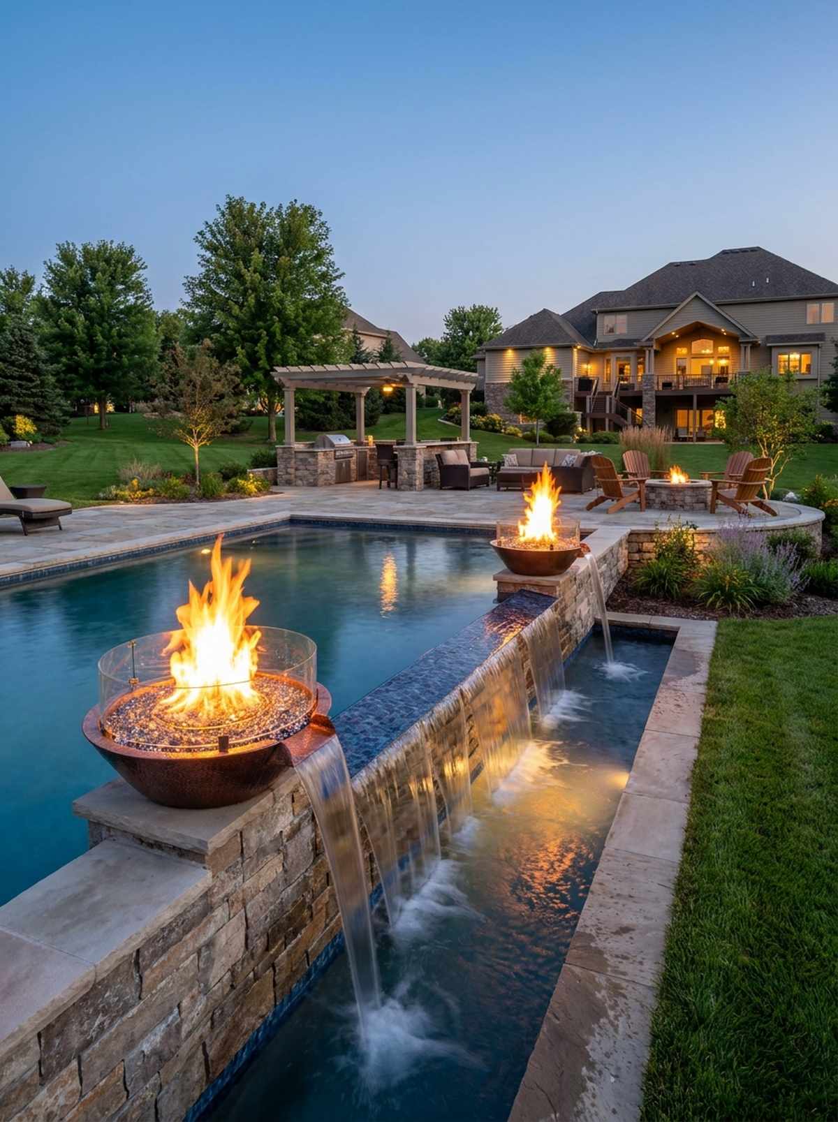 infinity edge with fire bowls on catch wall