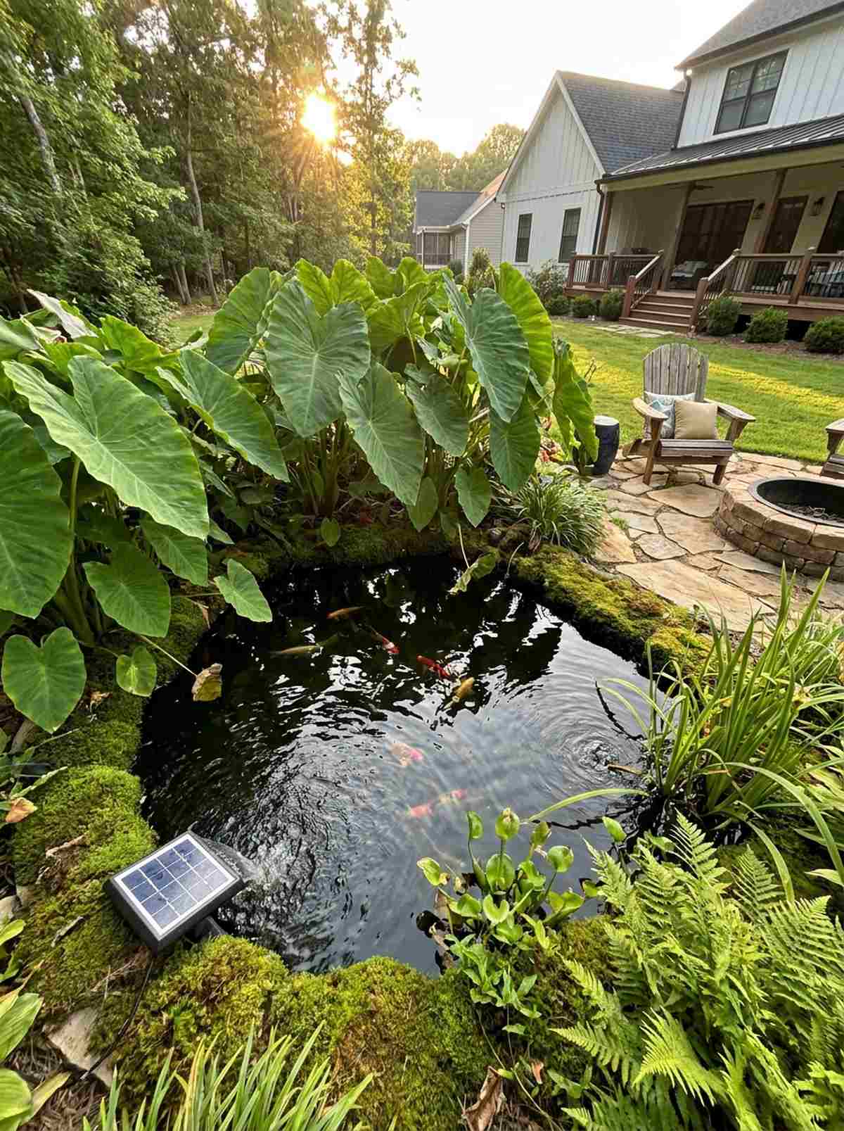 koi pond surrounded by elephant ears
