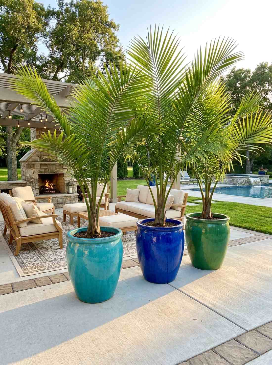 palm trees in glazed ceramic planters