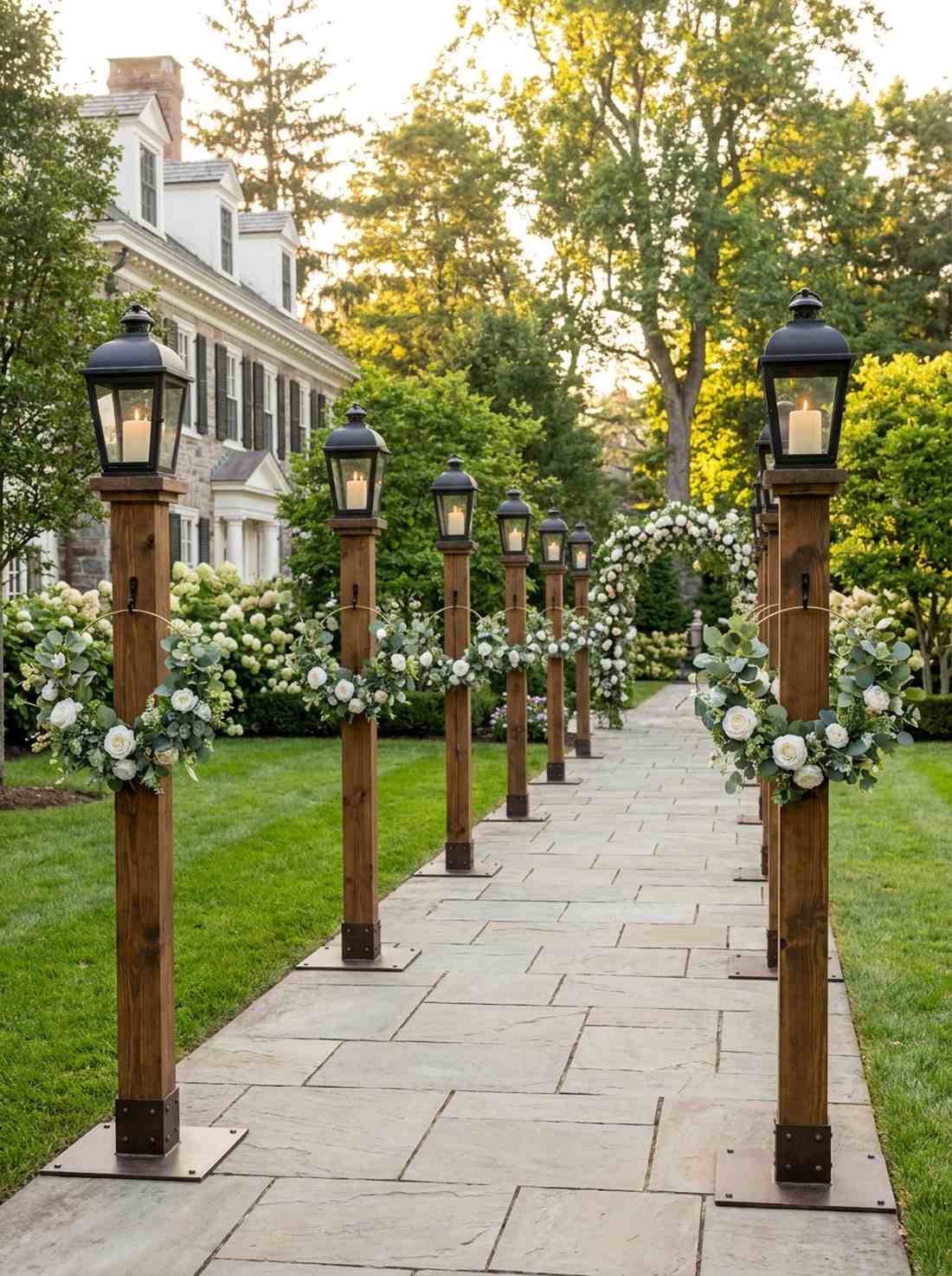 wooden lantern posts with floral wreaths