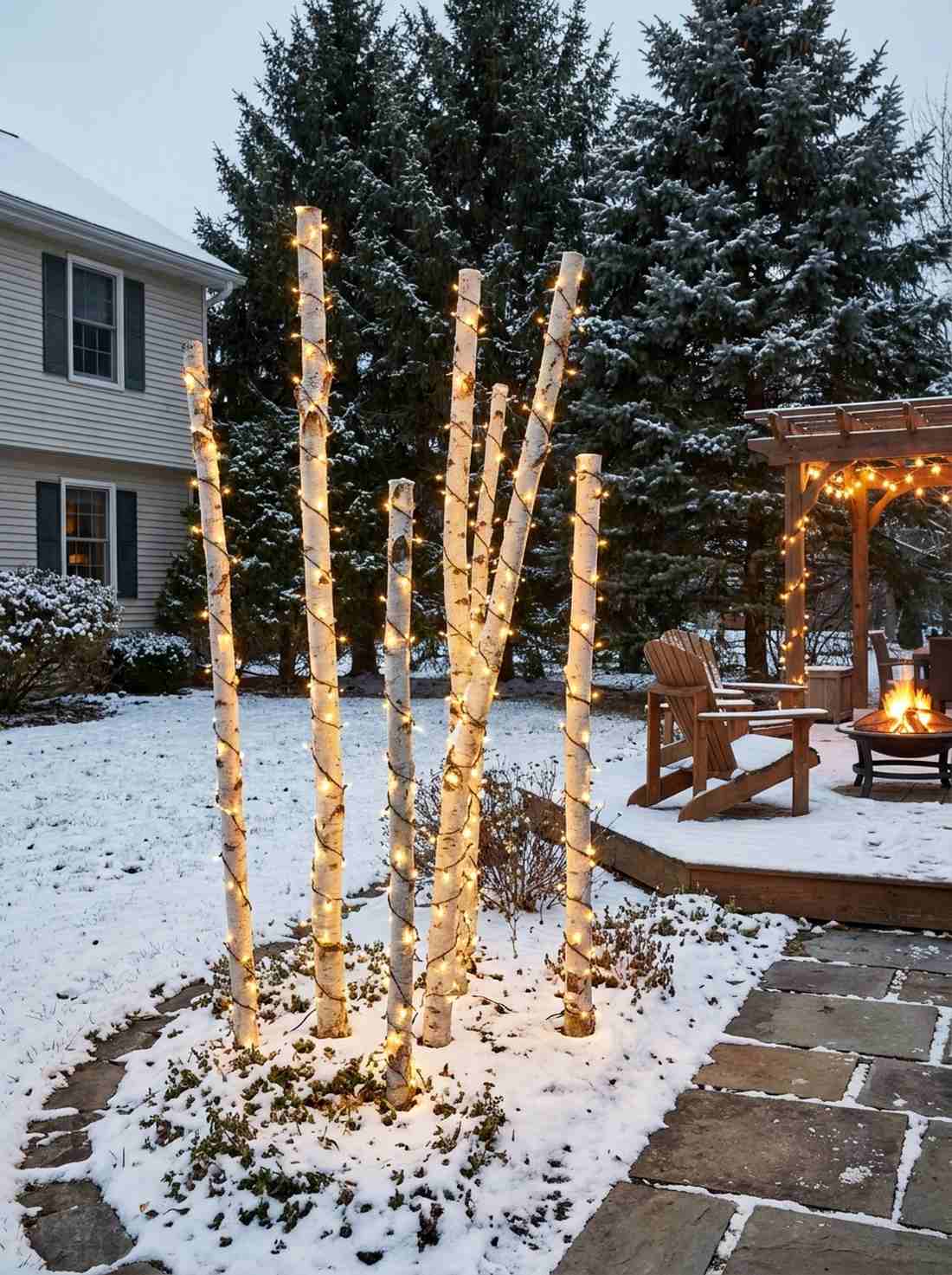 birch stake wrapped lights