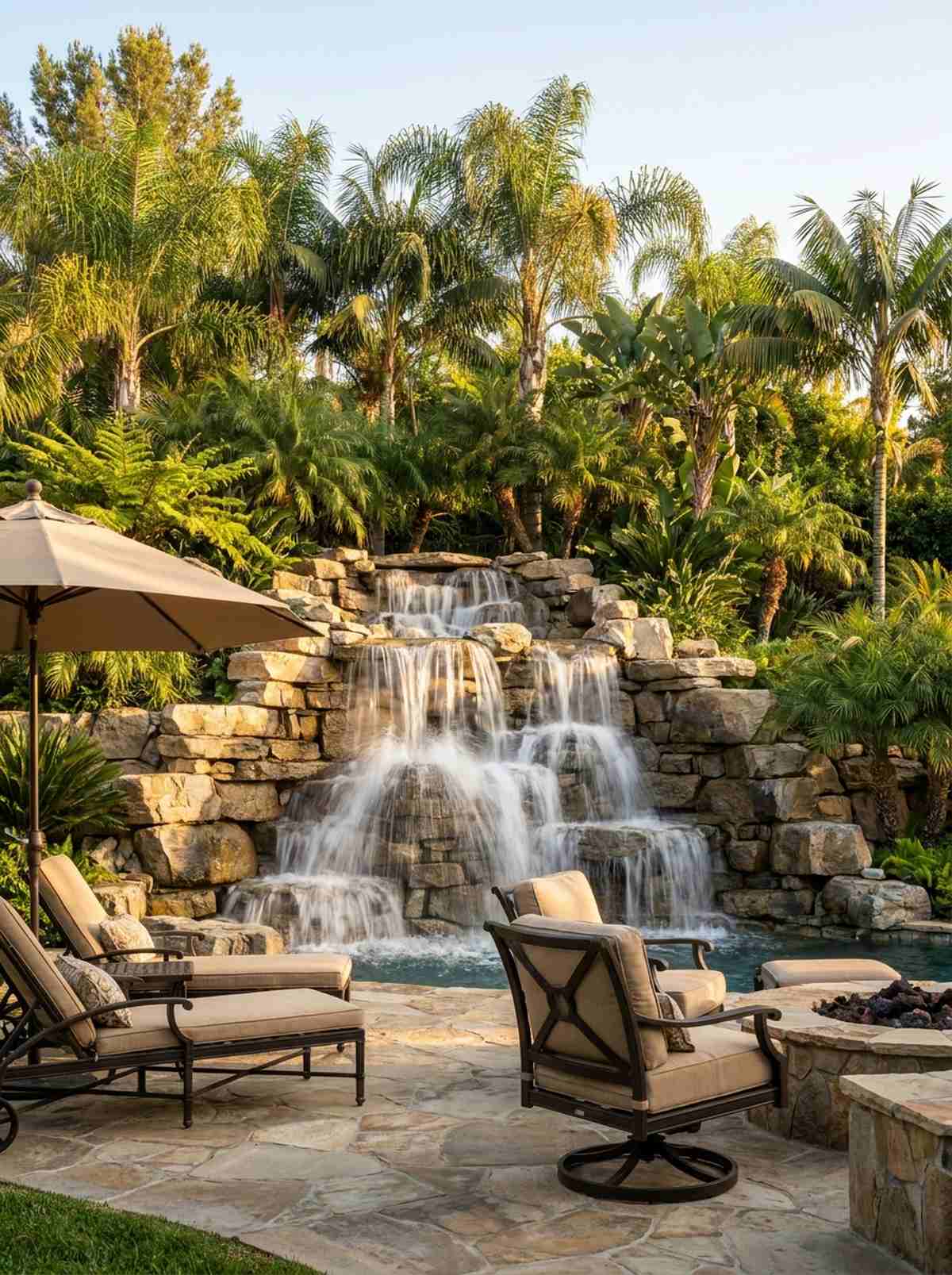 cascading waterfall with palm backdrop
