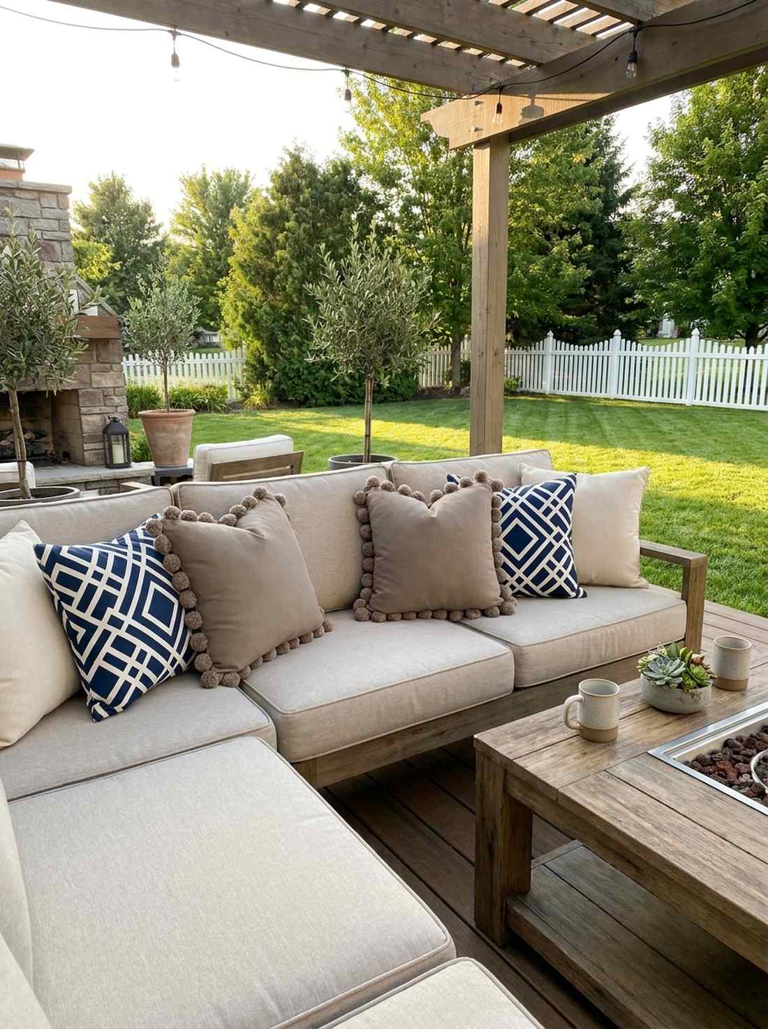 taupe with pom pom trim