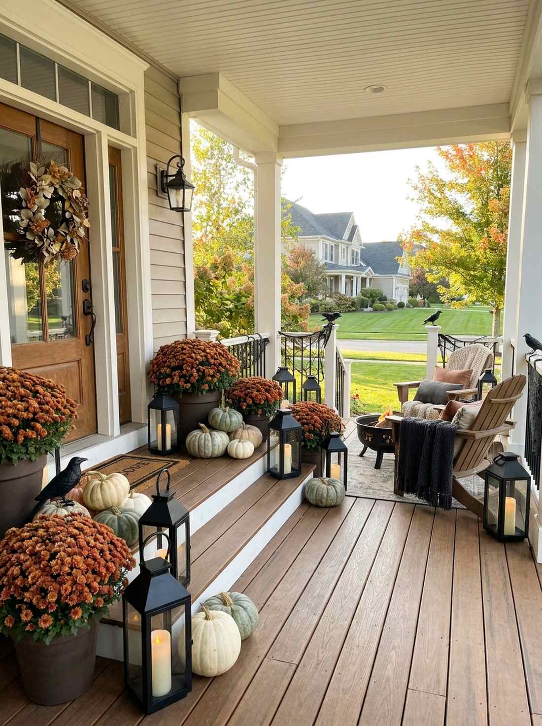 cozy fall porch with subtle spooks