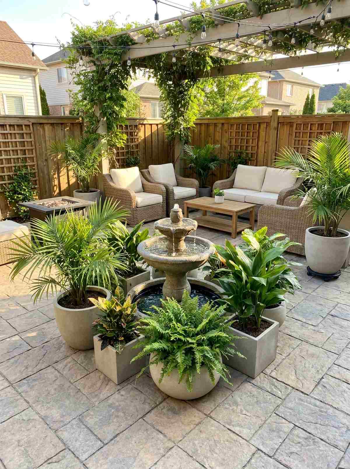 fountain courtyard with potted palms