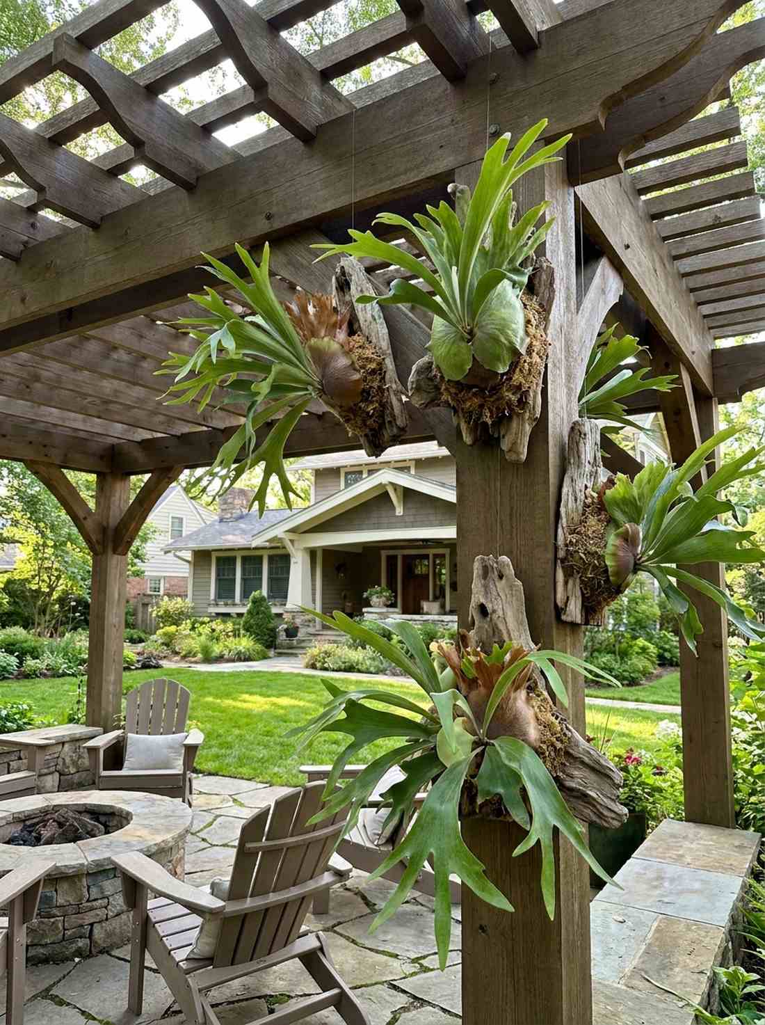 hanging staghorn ferns on driftwood