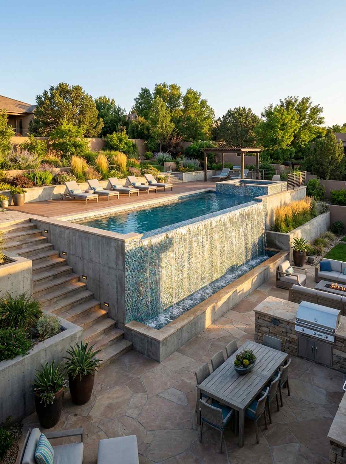 raised infinity pool above lower patio