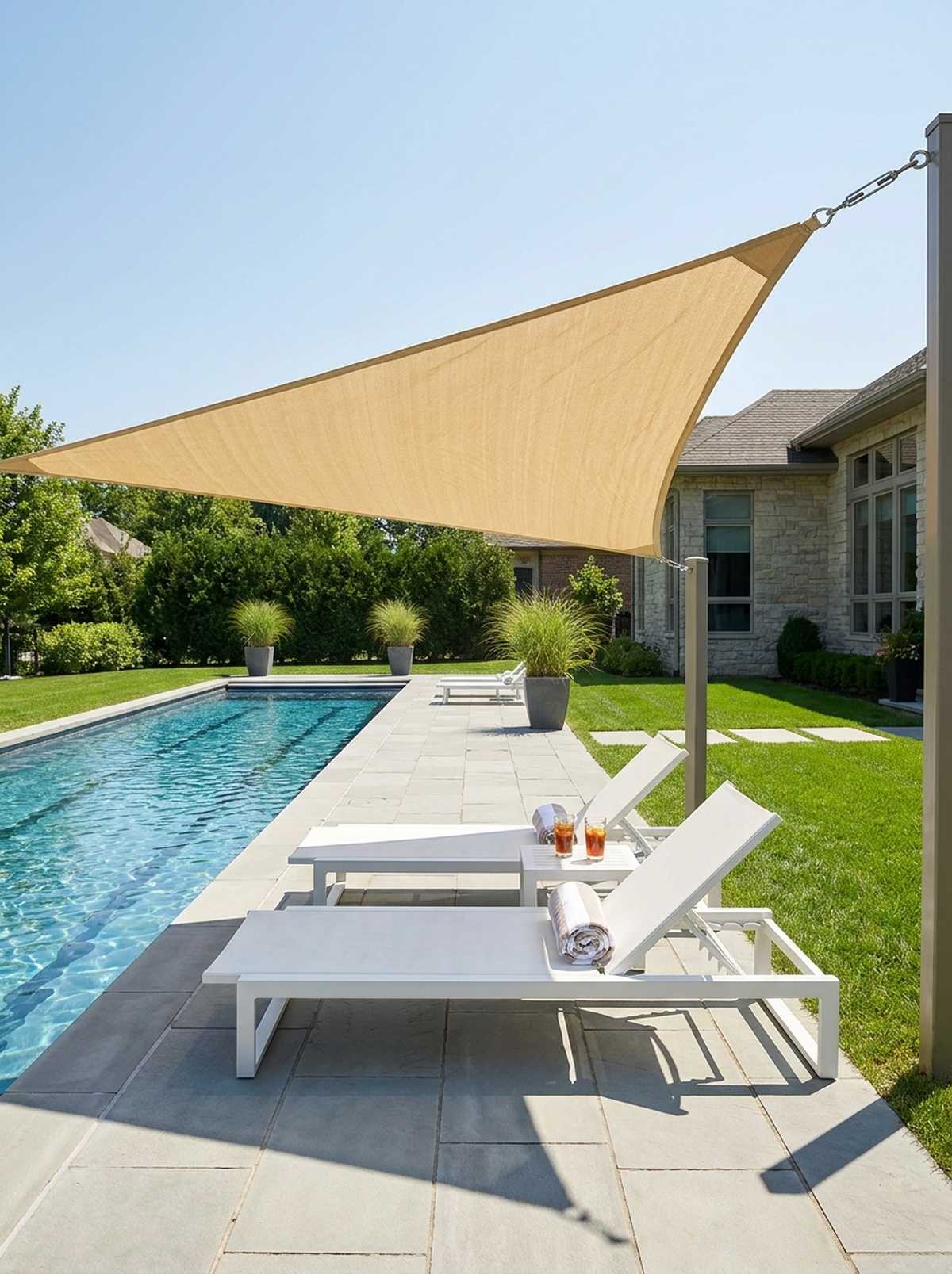 paired chaise lounges with shade sails