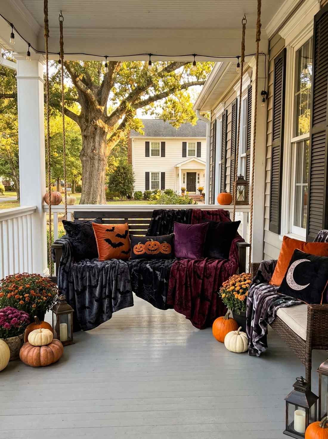 porch swing draped in halloween throws