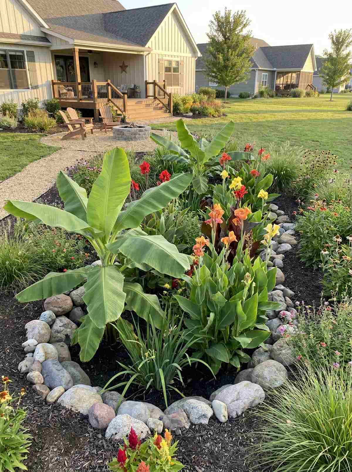 rain garden with banana and canna masses
