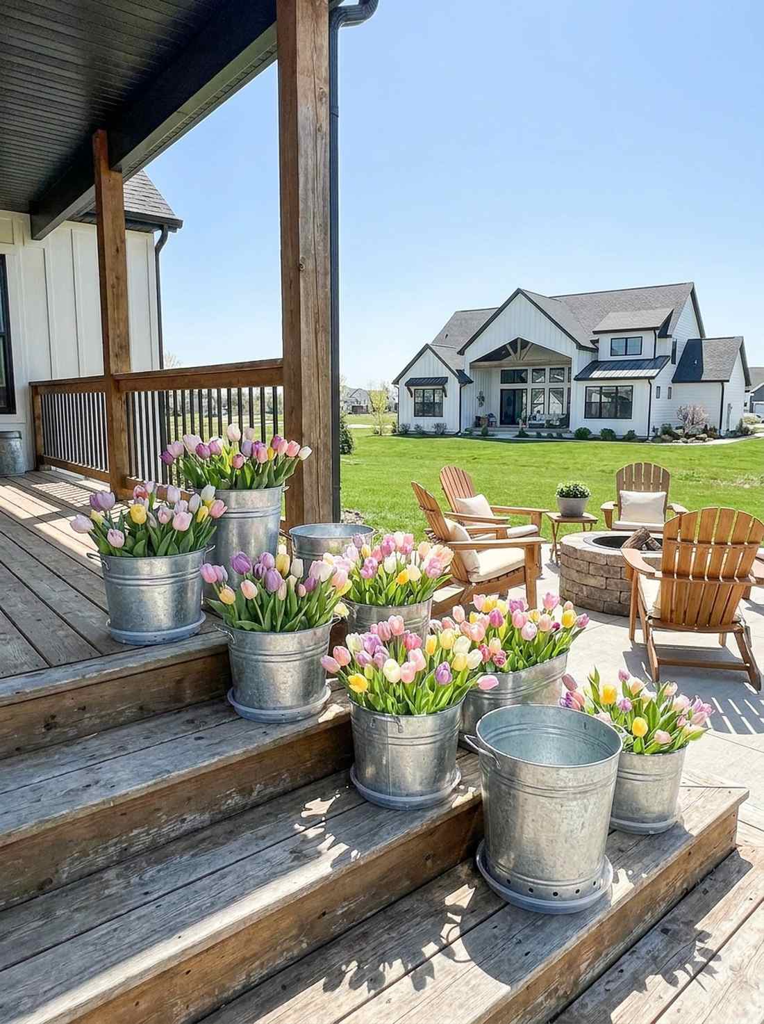 spring flower filled galvanized buckets