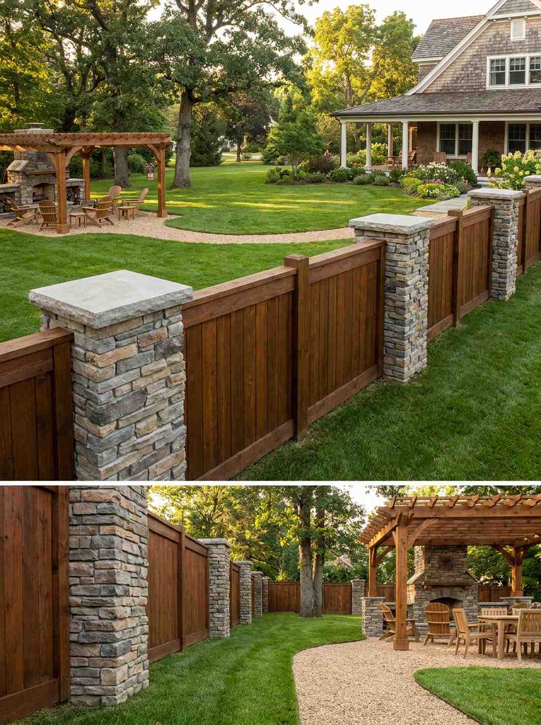 stone columns with wood panels