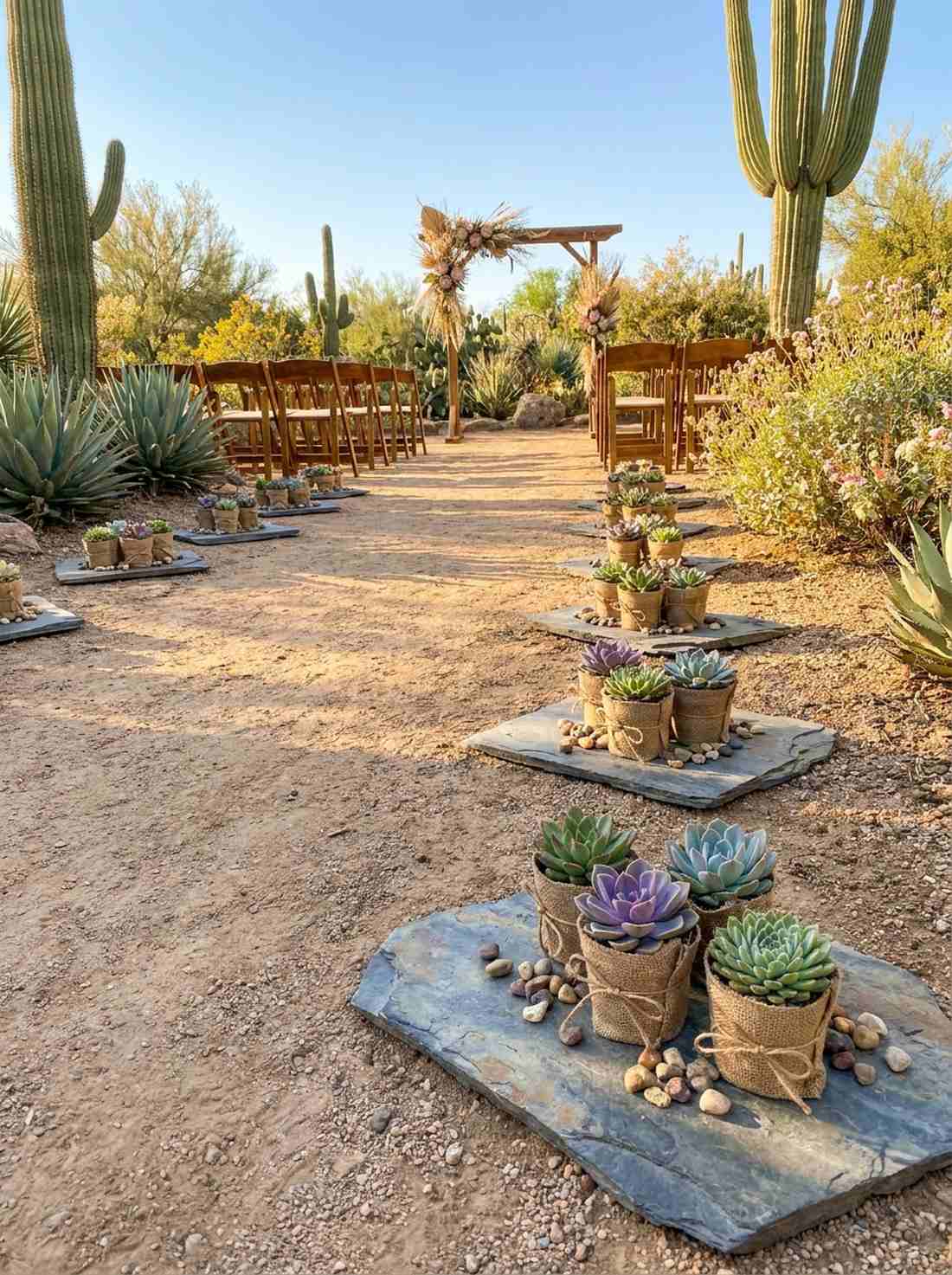 stone markers with potted succulents