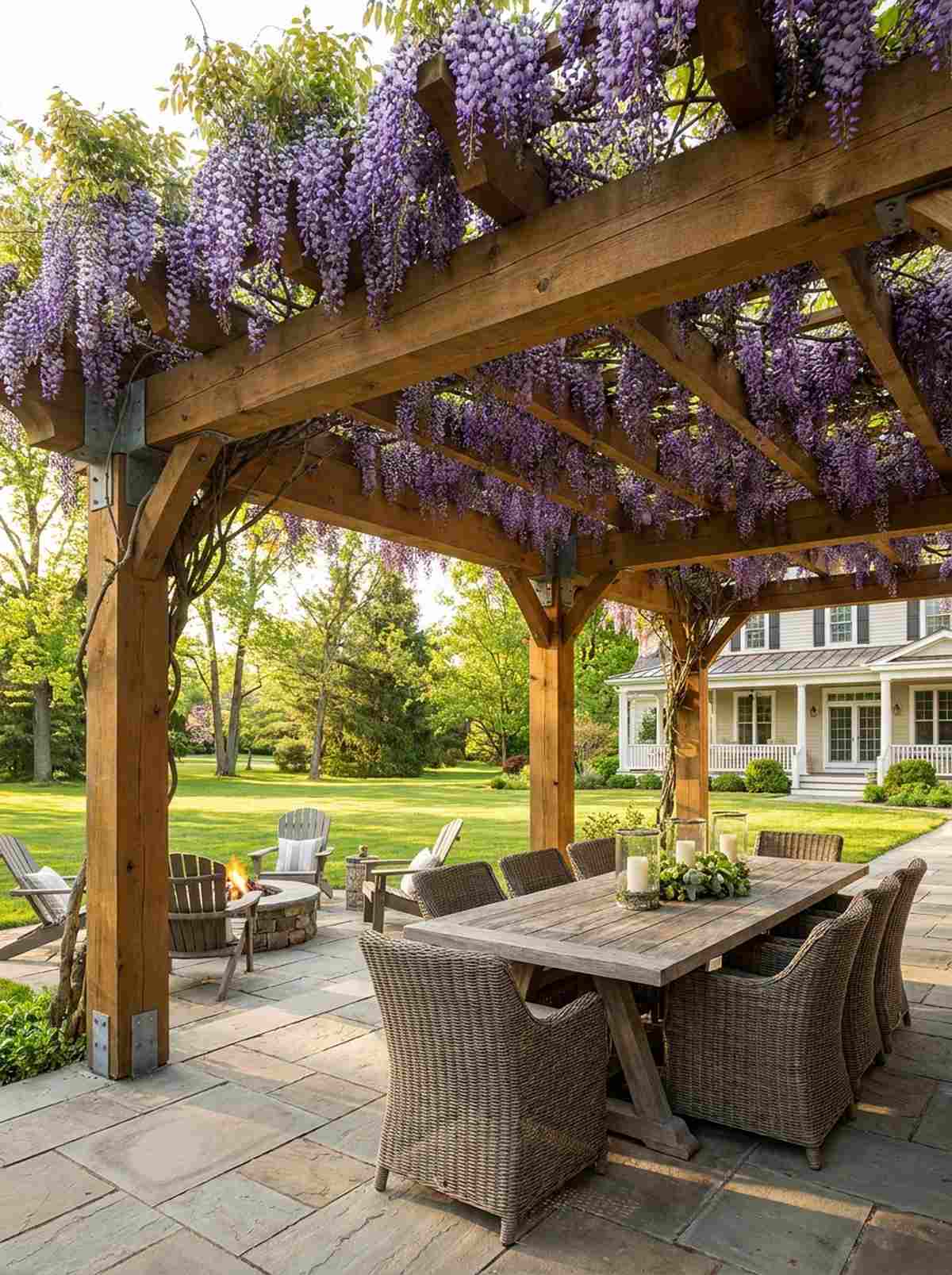 wisteria draped pergola