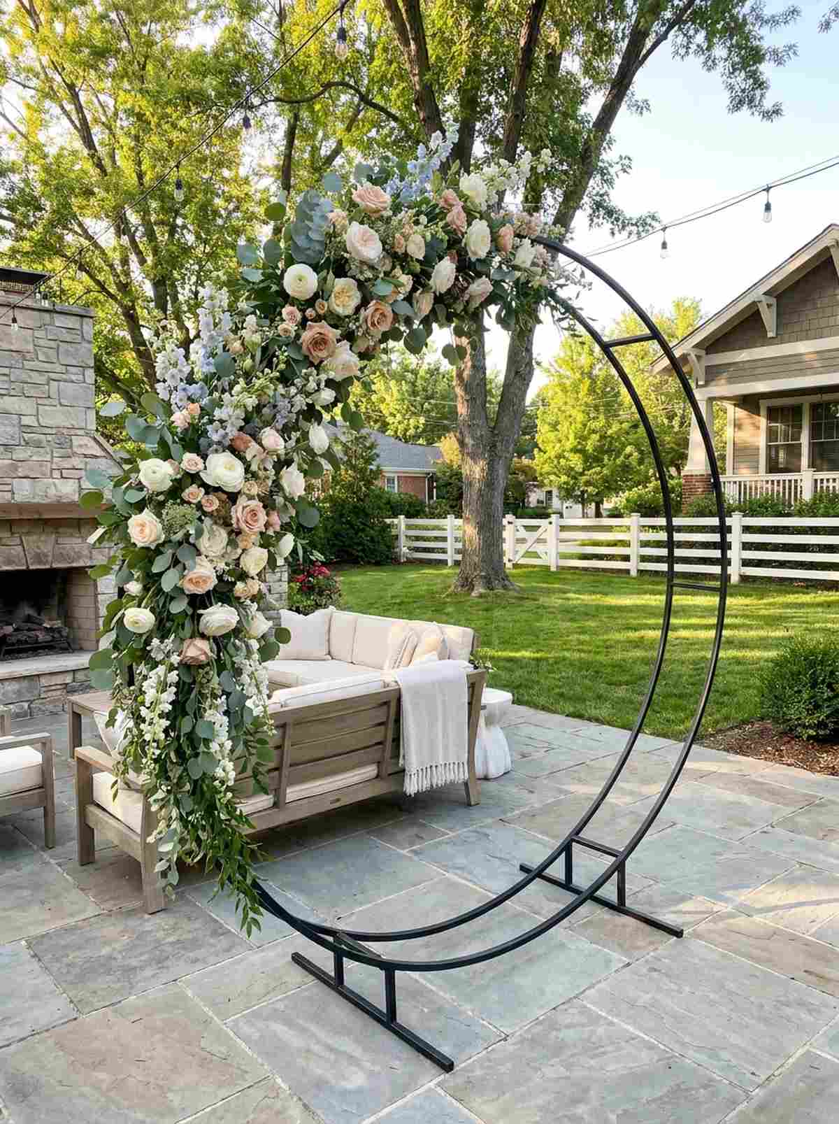circular floral arch with asymmetric arrangement