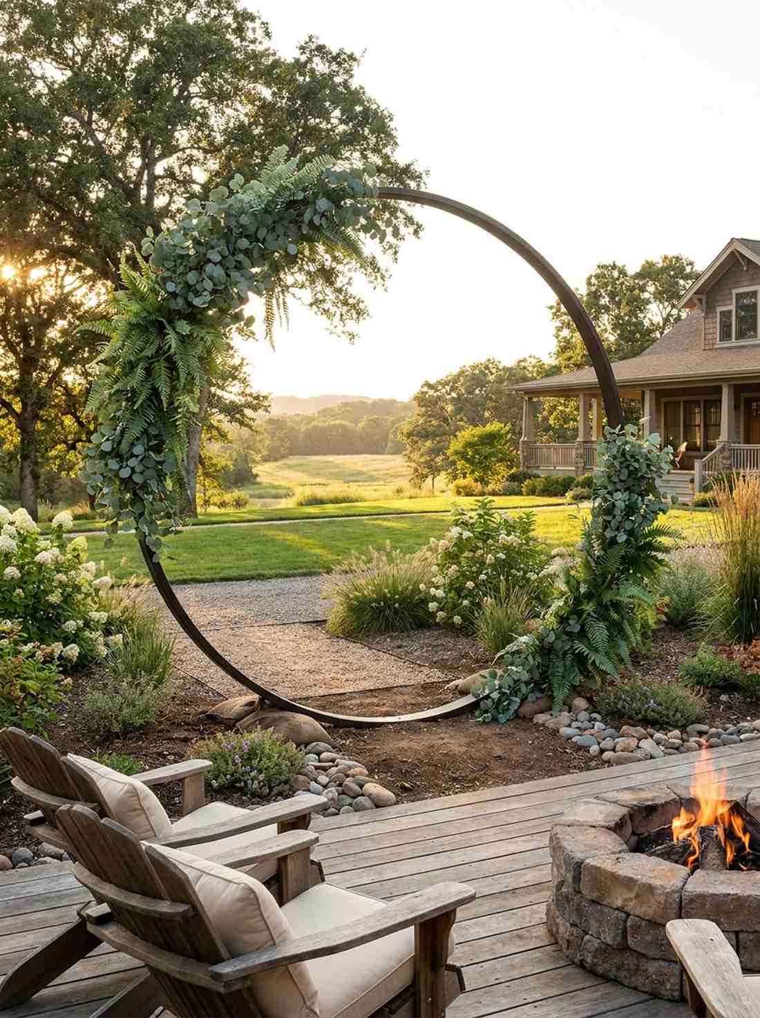 circular moon gate with cascading greenery