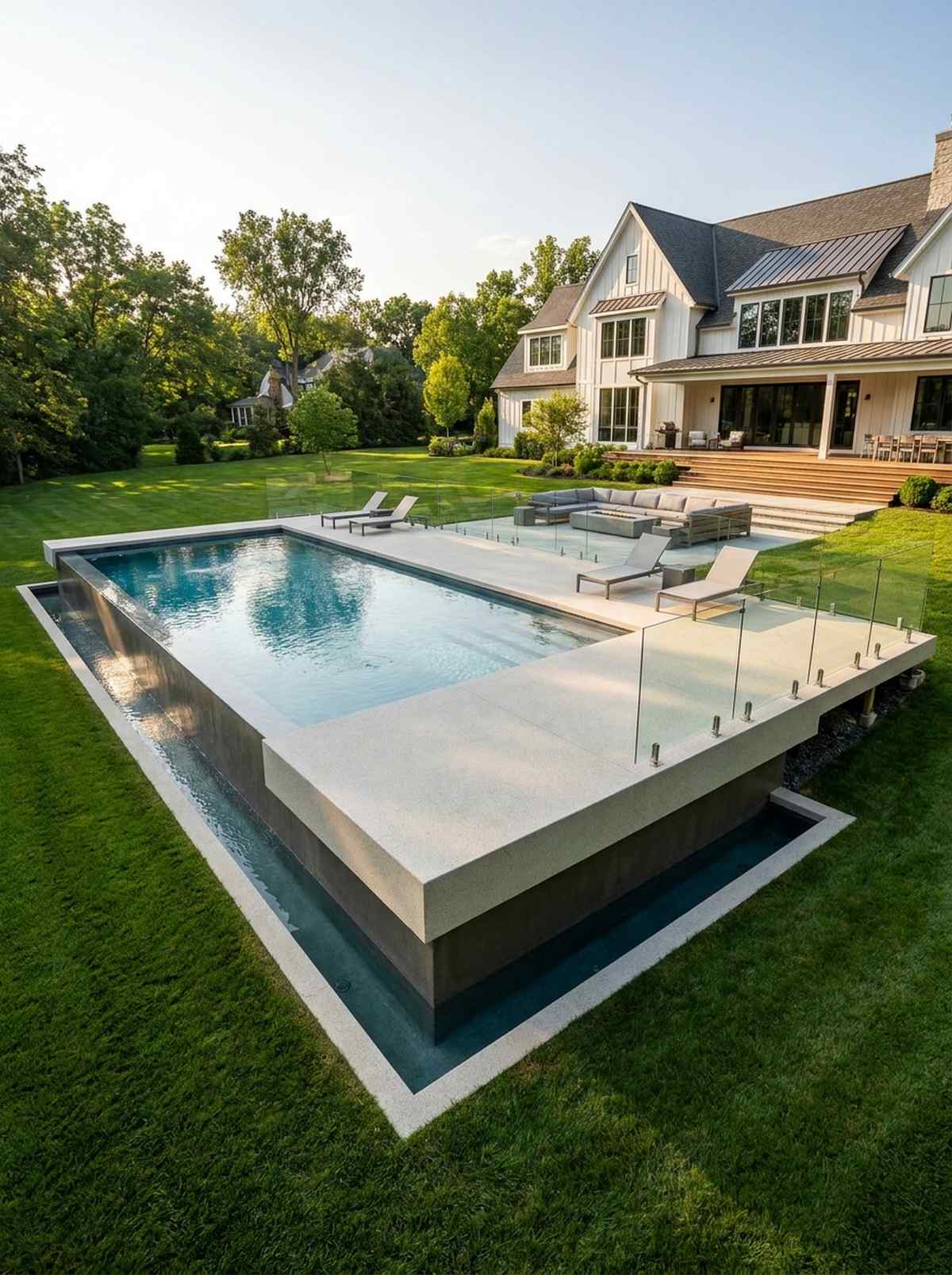 classic rectangular pool with cantilevered deck
